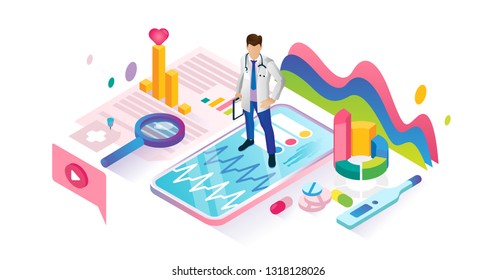 Healthcare app isometric cyberspace and tiny person concept vector illustration. Virtual emergency health consultation application. Professional help using biotech artificial intelligence for diagnose