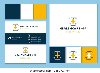 Healthcare app logo design with editable slogan. Branding book and business card template.