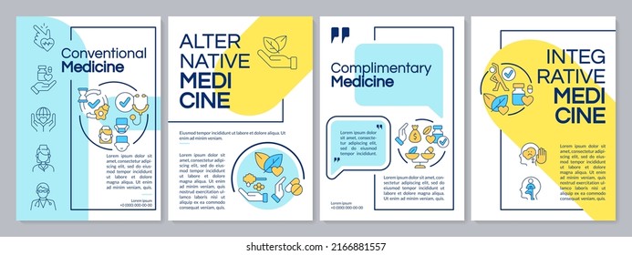 La atención médica se acerca a la plantilla de folleto azul y amarillo. Alternativa. Diseño del prospecto con iconos lineales. Editable 4 diseños vectoriales para presentación, informes anuales. Fuentes questriales, Lato-regulares usadas