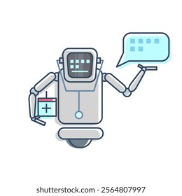 The healthcare assistant robot is equipped with a stethoscope, display, and interactive robotic hand, as well as holding a medical kit. demonstrating functionality in a healthcare environment