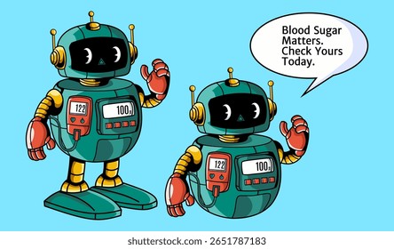 Robot asistente de atención médica, concepto de robot glucómetro, bueno para proyectos creativos digitales médicos y de salud, especialmente para recordarle a la gente que revise su azúcar en la sangre.