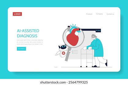 Healthcare automation concept. AI technology in medical diagnosis, showcasing an interactive webpage interface. Robots assisting in healthcare settings. Vector illustration.