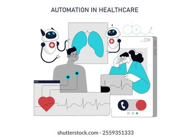 Healthcare automation concept. Illustration of robotics and digital technology enhancing medical care efficiency. Patient diagnosis and monitoring with AI. Vector illustration.