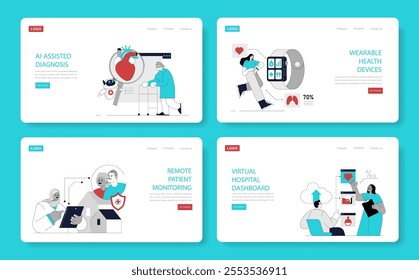 Healthcare automation set. Integration of AI in diagnosis, wearable devices, remote monitoring, and hospital dashboards. Modern medical technology. Vector illustration.