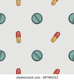 Healthcare background with caplet and tablet. Hand drawing vector seamless texture with pharmaceutical objects isolated on white background. Chess grid order