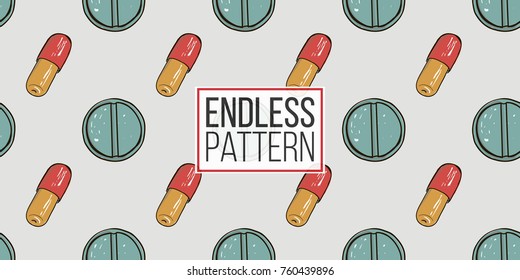 Healthcare background with caplet and tablet. Hand drawing vector seamless texture with pharmaceutical objects isolated on white background. 