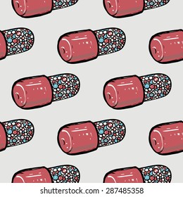 Healthcare background with capsule. Hand drawing vector seamless texture with pharmaceutical objects isolated on white background. Chess grid order