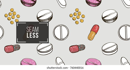 Healthcare background with dragee, pill, caplet, capsule, tablet, aspirin, pastil. Hand drawing vector seamless texture with pharmaceutical objects isolated on white background. 