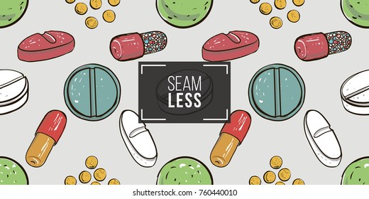 Healthcare background with dragee, pilule, pill, caplet, capsule, tablet, aspirin. Hand drawing vector seamless texture with pharmaceutical objects isolated on white background. 