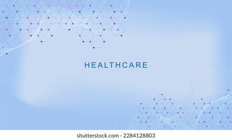Healthcare background with hexagonal molecular structure and wave flow. Medical, DNA, technology and science backdrop concept. Vector illustration.