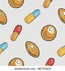Healthcare background with pellet, caplet, pill, drop. Hand drawing vector seamless texture with pharmaceutical objects isolated on white background. Chess grid order