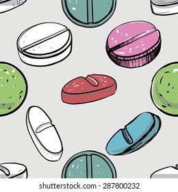 Healthcare background with pilule, pill, dosage, tablet, aspirin, pastil. Hand drawing vector seamless texture with pharmaceutical objects isolated on white background. Chess grid order