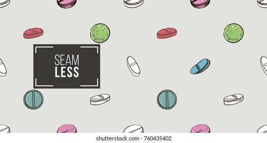 Healthcare background with pilule, pill, dosage, tablet, aspirin, pastil. Hand drawing vector seamless texture with pharmaceutical objects isolated on white background. 