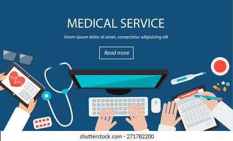 Healthcare Background. Web Banner With Top View Of  Doctors Desktop With Medical Tools,  Stethoscope, Computer, Tablet, Vector Illustration