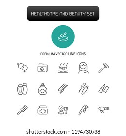 Healthcare and beauty icons. Set of line icons. Woman, cosmetics, hairdressing. Healthcare and beauty concept. Vector illustration can be used for topics like eye sight, make up, beauty salon.