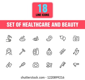 Healthcare and beauty icons. Set of line icons. Woman, cosmetics, hairdressing. Healthcare and beauty concept. Vector illustration can be used for topics like eye sight, make up, beauty salon.