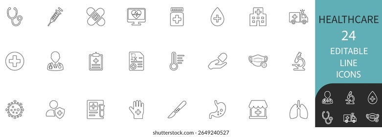 Conjunto de conjuntos de ícones de linha melhor editável do setor de saúde. Ícones médicos modernos, incluindo hospital, médico, vírus, prescrição, estetoscópio. perfeito para aplicativos, sites e infográficos.