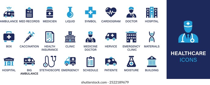 Beste Solid-Icon-Set-Kollektion im Gesundheitswesen. Prävention, medizinische, Arzt, Patient, Hilfe, Medizin, Gesundheit, Diagnose, Bericht und Krankheit. Vektorgrafik.