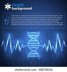 Healthcare blue background with pulse and science symbols flat vector illustration