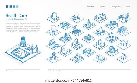 Conjunto de ilustraciones isométricas de negocios de salud. La gente ocupada trabaja en equipo escenas médicas en 3D. Hombres, mujeres equipo de trabajo del hospital. Vector Infografía, diseño de presentación. Salud mental, concepto de ícono de atención médica