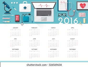 Healthcare calendar 2016 with doctor desktop and medical tools top view, medicine and health care concept