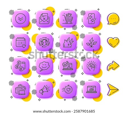 Healthcare calendar, Fire energy and Software line icons. App 3d buttons. Social media comment, share, like icons. Pack of Reject letter, Empower, Global business icon. Vector