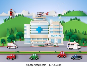 Healthcare center with ambulances, emergency vehicles, and helicopter in colorful cartoon cityscape.