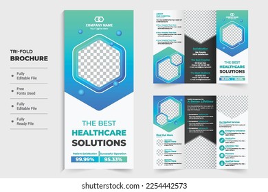 Healthcare center promotional tri fold brochure vector for digital marketing. Modern hospital advertisement poster layout design with hexagon shapes. Medical tri fold brochure vector for marketing.