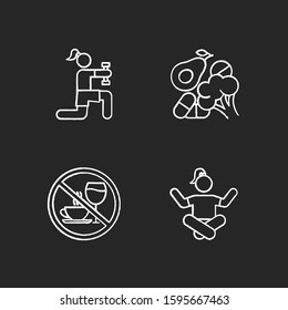 Healthcare chalk icons set. Physical exercise. Vitamin intake, vegetables. Alcohol and caffeine refusal. Meditation, yoga practice. Fitness and workout. Isolated vector chalkboard illustrations