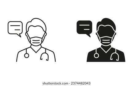 Healthcare Chat, Medic Conversation Symbol Collection. Physician Talking Pictogram. Doctor in Mask with Speech Bubble Consultation Concept Line and Silhouette Icon Set. Isolated Vector Illustration.