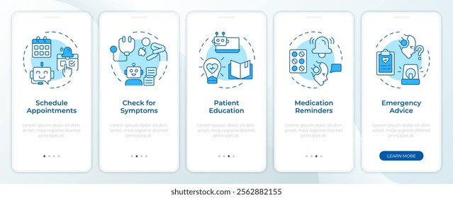 Healthcare chatbot use cases blue onboarding mobile app screen. Walkthrough 5 steps editable graphic instructions with linear concepts. UI, UX, GUI template