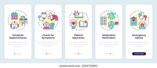 Healthcare chatbot use cases onboarding mobile app screen. Walkthrough 5 steps editable graphic instructions with linear concepts. UI, UX, GUI template