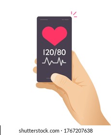 Healthcare Check Test Mobile Phone Cellphone App Tracker Vector With Man Heartbeat Good Blood Pressure Pulse Cardiogram On Person Smartphone Flat Cartoon Illustration, Medical Cardiology Beat Concept