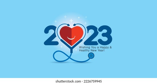 Healthcare clinic concept and creative for 2023 new year. Doctor stethoscope with smiling heart and blue background. - Shutterstock ID 2226759945