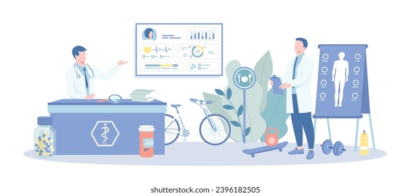 Gesundheitswesen, klinische Beratung, Medizinstudium, Labortests, Gesunder Lebensstil.Der Arzt diagnostiziert den Patienten und verschreibt die Behandlung.Vektorgrafik mit der Charaktersituation für das Web