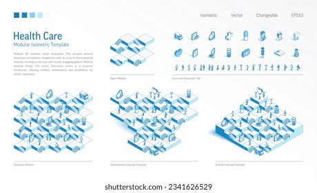 Healthcare, clinic, doctor modular isometric constructor. Seamless pattern base, line icon, character set. Develop, growth up stairs, teamwork concept. Medical health care platform. Business infograph