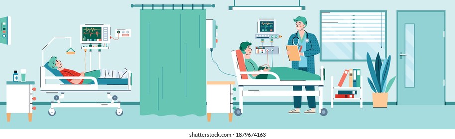 Healthcare clinic interior with patients lying in beds and doctor, flat cartoon vector illustration. Interior of hospital room with equipment and patients.