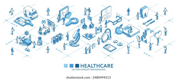 Healthcare clinic isometric seamless pattern. Doctor line 3d icon, people character, arrow. Medical, health care, business infograph. Vector background teamwork concept illustration. Treatment journey