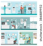 Healthcare and clinics banners set with doctors and patients: veterinarian clinic, optician, general practitioner and dietitian