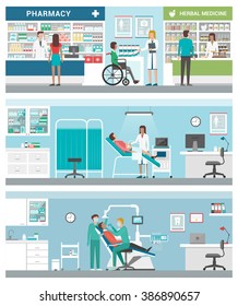 Healthcare and clinics banners set with doctors and patients: pharmacy, gynecologist and dentist