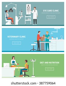 Healthcare and clinics banners set: optician and eye examination, veterinary animal clinic and dietitian with patient