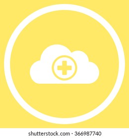 Healthcare Cloud vector icon. Style is flat circled symbol, white color, rounded angles, yellow background.