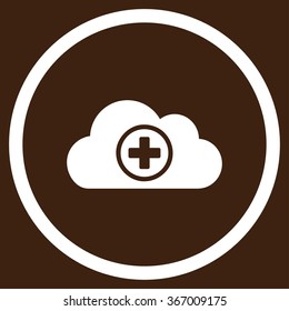 Healthcare Cloud vector icon. Style is flat circled symbol, white color, rounded angles, brown background.