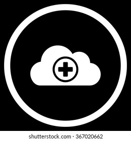 Healthcare Cloud vector icon. Style is flat circled symbol, white color, rounded angles, black background.