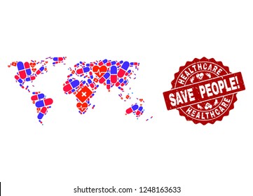 Healthcare collage of bright medical mosaic map of world and dirty seal. Vector red seal with grunge rubber texture and Healthcare caption.