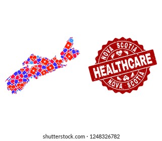 Healthcare collage of bright medical mosaic map of Nova Scotia Province and rubber seal stamp. Vector red seal with grunge rubber texture and Healthcare caption.
