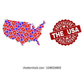 Healthcare collage of bright medical mosaic map of USA and grunge seal. Vector red seal with grunge rubber texture and Healthcare caption.