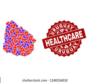 Healthcare collage of bright medical mosaic map of Uruguay and rubber seal. Vector red seal with corroded rubber texture and Healthcare caption.