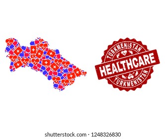Healthcare collage of bright medical mosaic map of Turkmenistan and rubber seal stamp. Vector red seal with distress rubber texture and Healthcare caption.