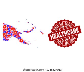 Healthcare collage of bright medical mosaic map of Papua New Guinea and corroded seal stamp. Vector red seal with distress rubber texture and Healthcare caption.
